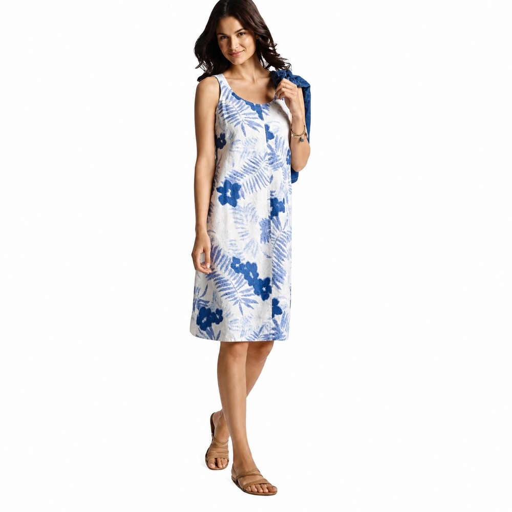 J.Jill Women's Love Linen Batik Floral Blue Sleeveless Shift Dress XS Pockets